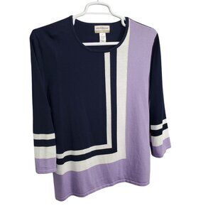Alfred Dunner 1X Sweater Pullover 3/4 Sleeve Knit Striped Colorblock Navy Lilac